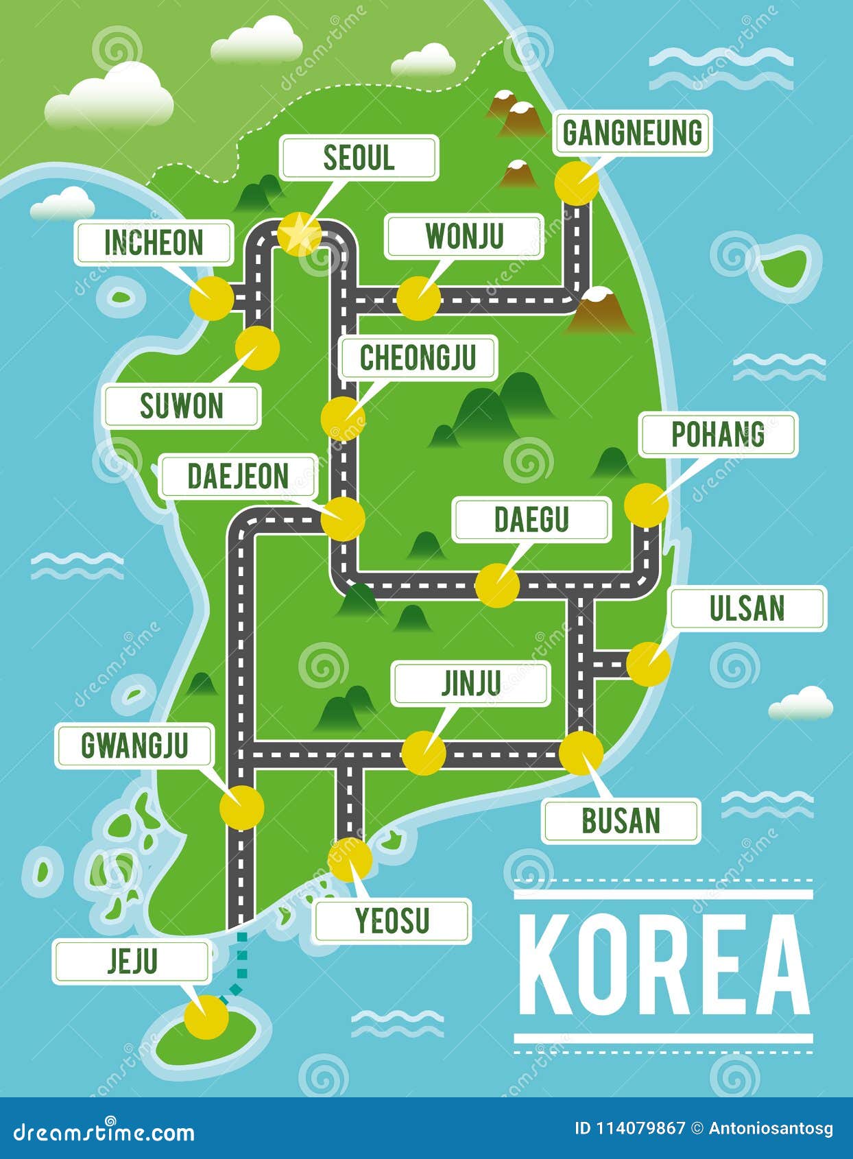Cartoon Vector Map Of South Korea Travel Illustration With South Cartoon Vector Map Of South Korea Travel Illustration With South