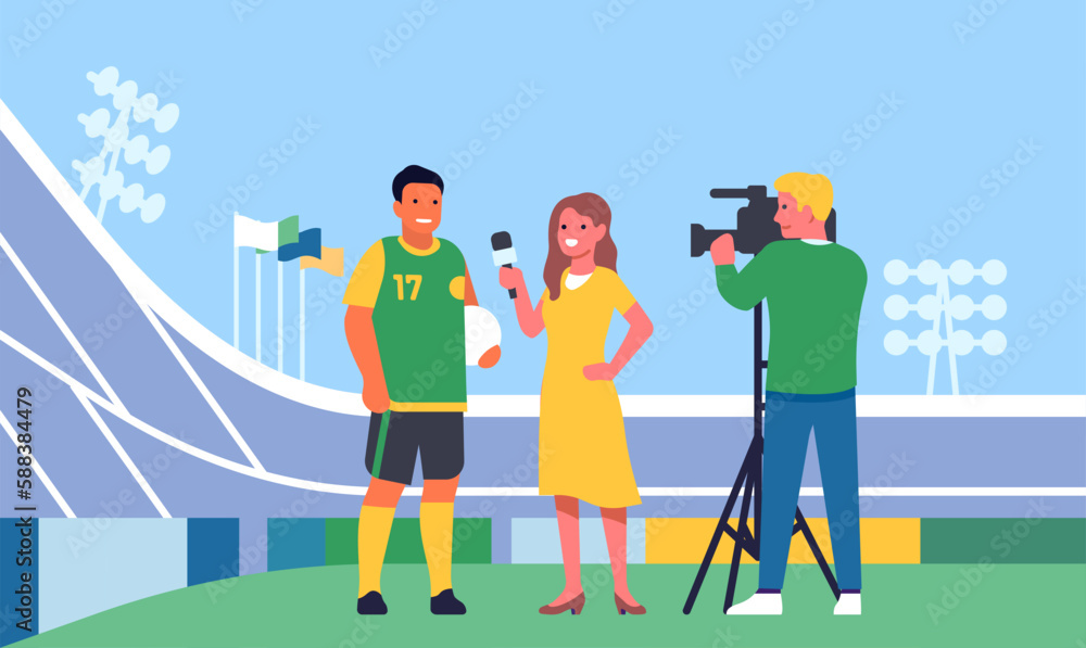 Female Journalist With Cameraman Interviewing Soccer Player Athlete Female Journalist With Cameraman Interviewing Soccer Player Athlete