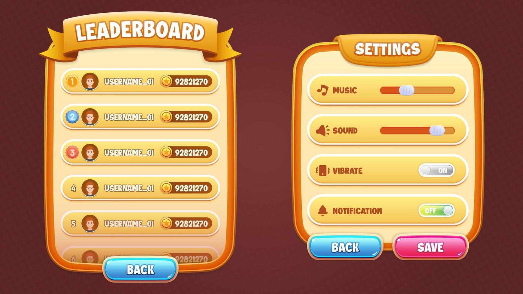 Game Ui Vector Set Leaderboard And Settings Popups And Buttons With